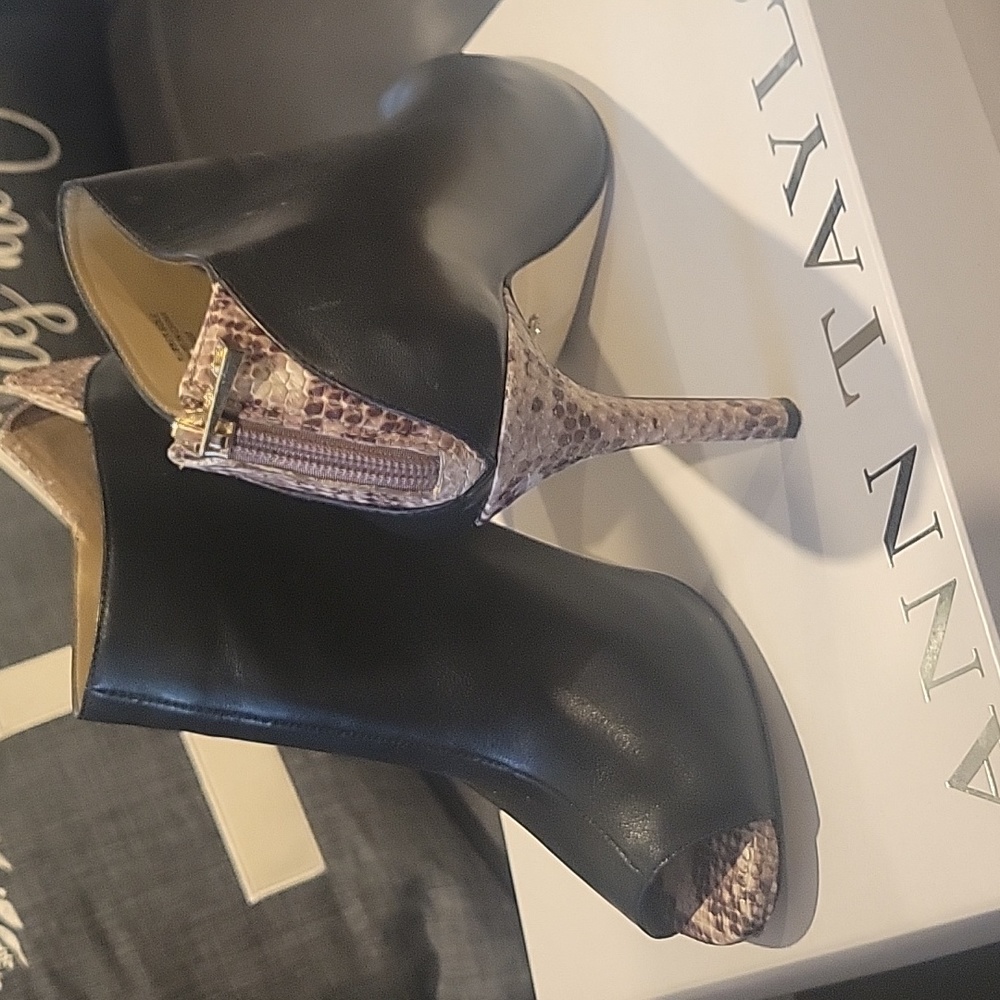 Ann Taylor Black and Snake Print Ankle Booties